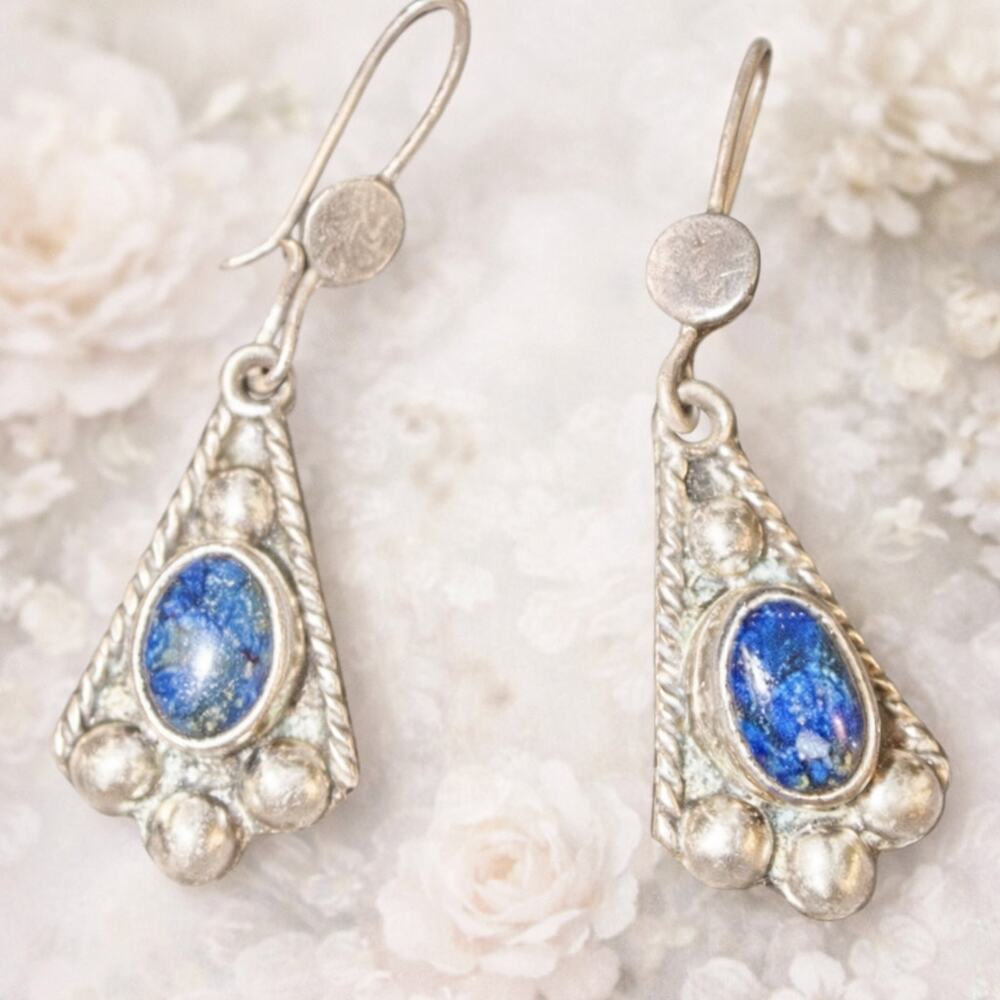 VTG 925 Sterling Lapis Lazuli Earrings Art Deco Boho Drop Dangle 2 inches Long